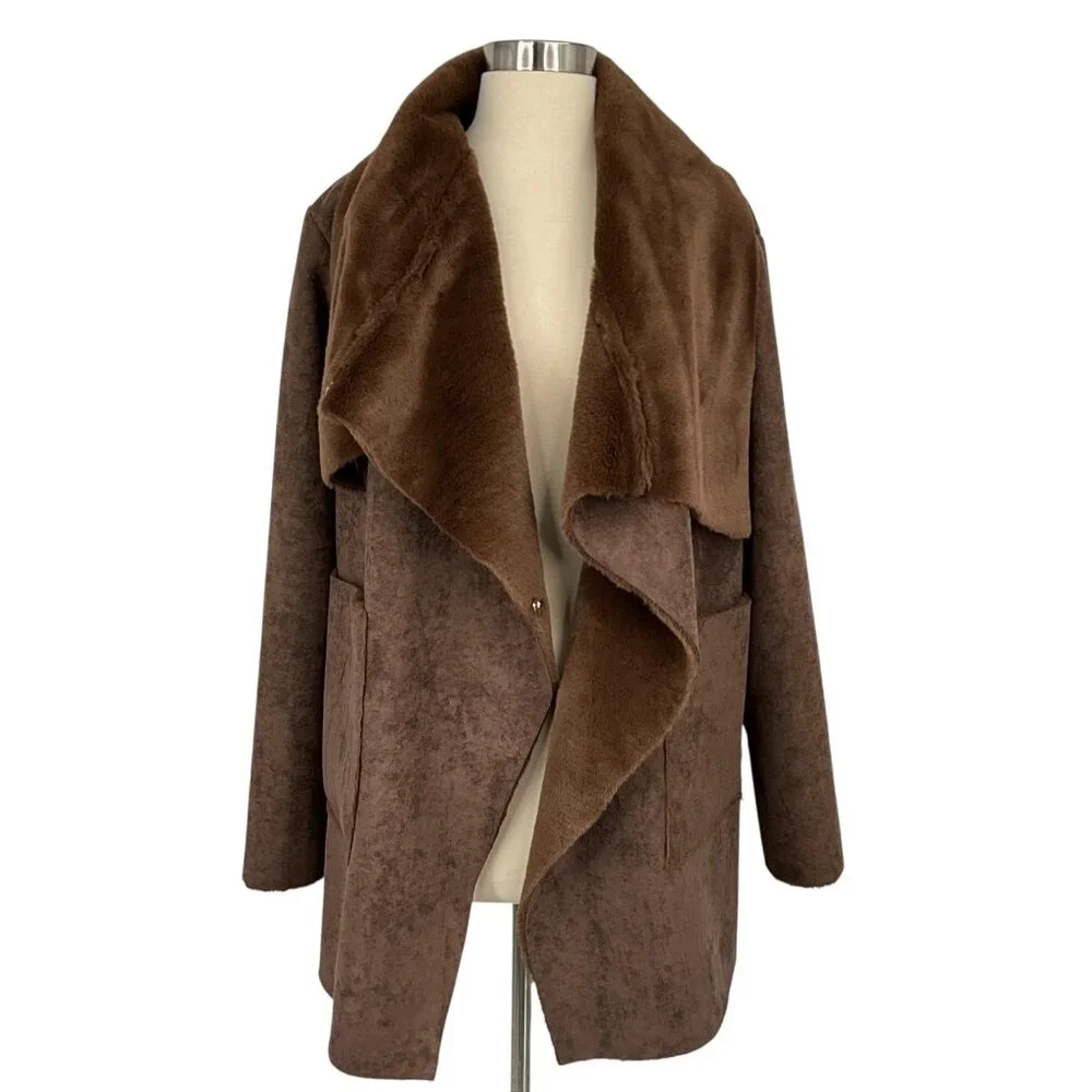 Lauren Ralph Lauren Coat Womens Large Brown Faux Shearling Fleece Drape Collar - Picture 1 of 14